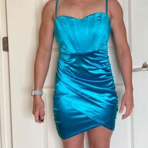 Satin Ruched Mini Dress – Bright Teal Blue, Size S